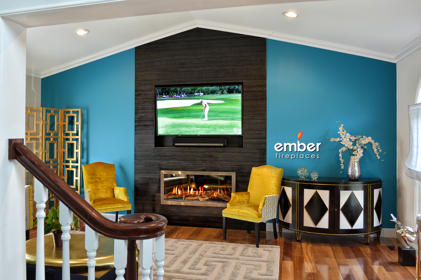 Modern and traditional fireplace displays in Ember Fireplaces showroom vignettes