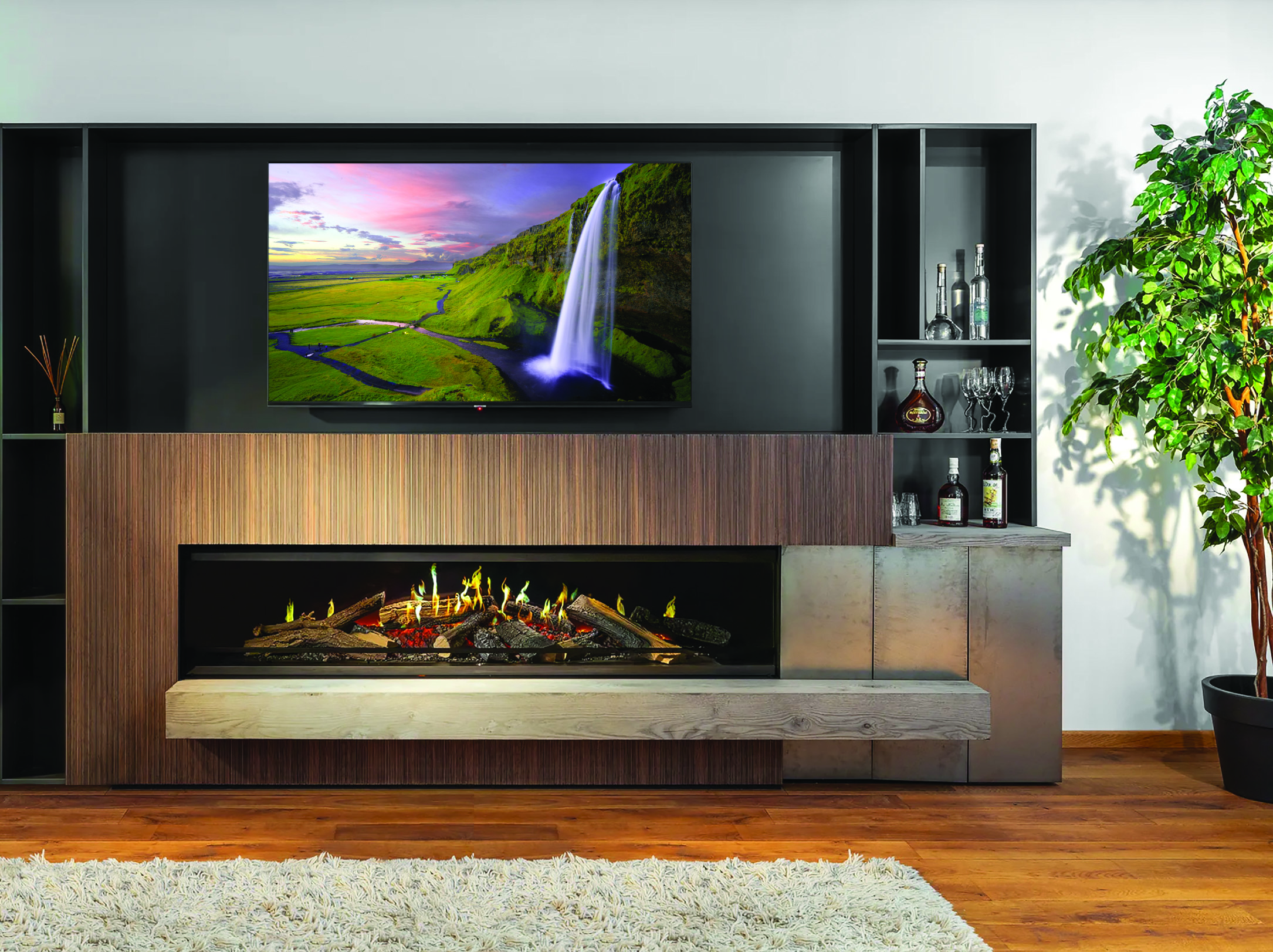 Built-in electric fireplace insert with granite surround in customer home