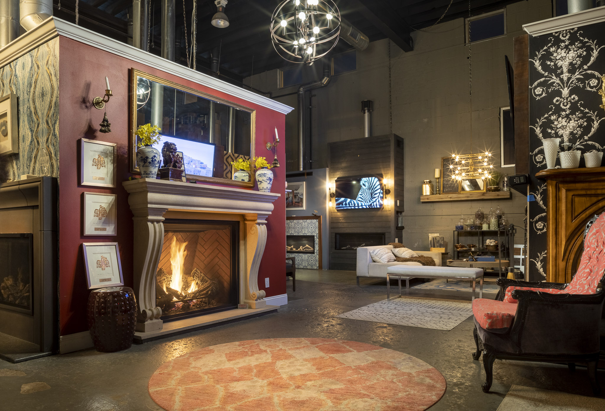 Ember Fireplaces showroom interior with live burning fireplace displays in Edison NJ